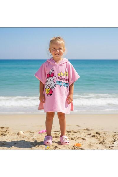 LİTTLE TORTOİSE Girl's Canan Patterned Poncho Bathrobe - Beach Slippers 2, Li Paj Set