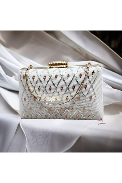 Telli Art El İşi Tel Kırma Çanta - Zincirli, Süet Kumaş, Beyaz, Şık ve Zarif