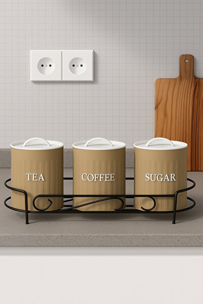 hemlife 3'lü Çay Kahve Şeker Kavanoz Seti Standlı Metal Kavanoz Saklama Kabı Şekerlik Seti Kahve