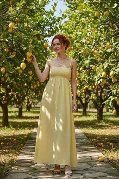 PASTELASTORE Sarı Uzun Pamuklu Yaz Elbisesi – Askısı Bağlamalı Astarsız