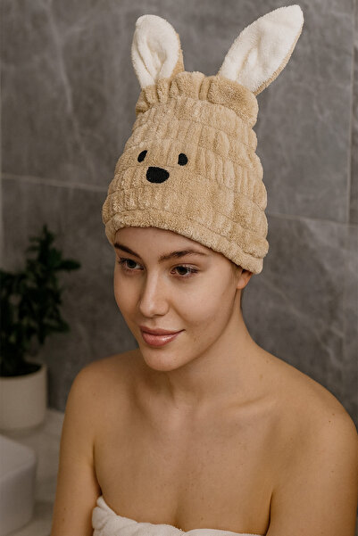 TAKIŞTIR Cream Color Rabbit Figured Hair Towel / Cap with Elastic