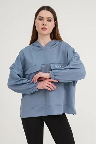 Le'sluette shadow of style Γυναικεία μπλούζα με κουκούλα με λεπτομέρεια τσέπης Modal Indigo Blue