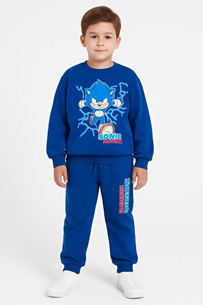 LİTTLE TORTOİSE Erkek Çocuk Mavi Sonic Baskılı Uzun Kollu 3 Iplik ŞARDONLU Kışlık Sweatshirt / Eşofman Takımı