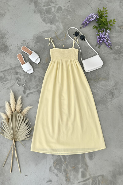 PASTELASTORE Sarı Uzun Pamuklu Yaz Elbisesi – Askısı Bağlamalı Astarsız