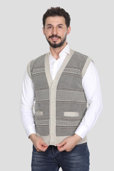 HEDEFNUR TEKSTİL Beige Buttoned Dad Vest with Double Pockets