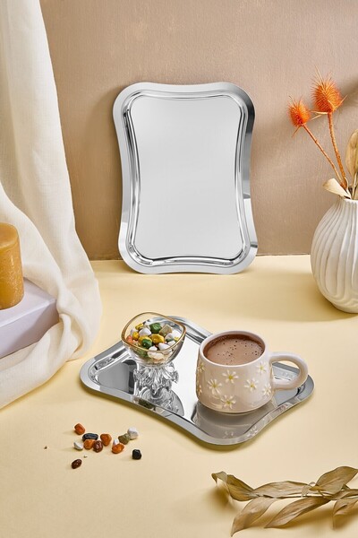 Lora Bianca Dikdörtgen Paslanmaz Çelik 6’lı Gümüş Kahve, Çay, Dekoratif Sunum Servis Nişan Tepsisi