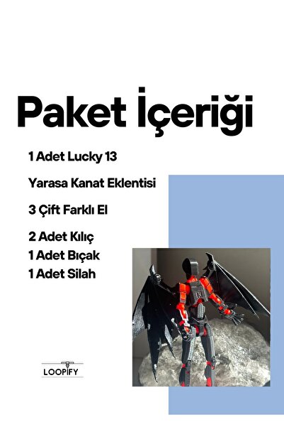 Loopify Lucky 13 Aksiyon Figürü Robot Oyuncak 13cm Siyah Kırmızı Ve Yarasa Kanat Seti