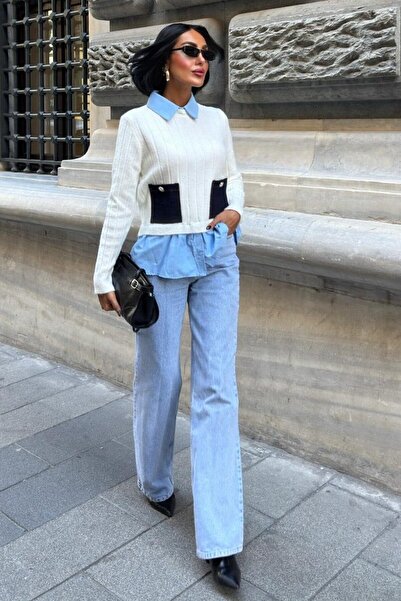 Lijuri Poplin and Denim Garnished Knitwear Sweater 1374