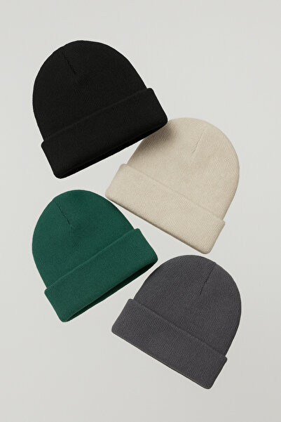 KISCHE Unisex Folded Basic Domestic Production 4-Piece Colorful Beanie