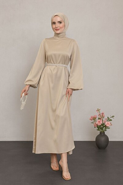 STİLZERAFET Βραδινό Σατέν Φόρεμα με Πέρλες Ζώνη Almina