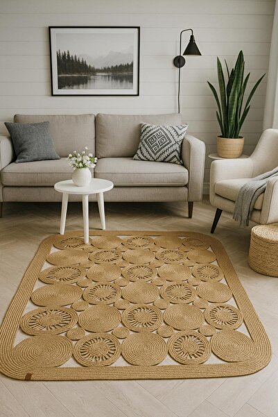 ModaCardin jüt Hasır görünümlü Desenli Modern El Örgüsü dikdörtgen Halı Kilim