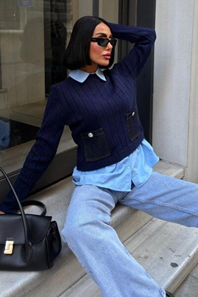 Lijuri Poplin și denim cu secțiuni Pulover tricotat 1374