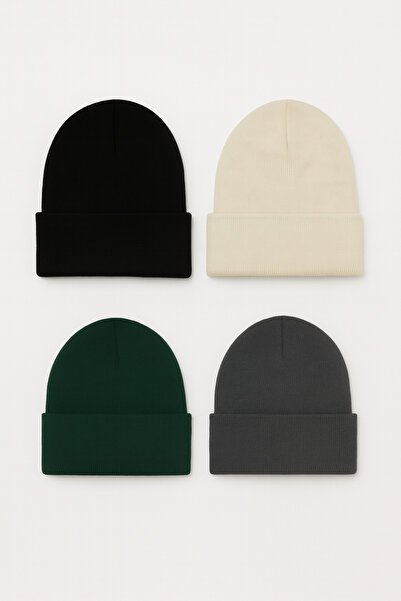 KISCHE Unisex Folded Basic Domestic Production 4-Piece Colorful Beanie