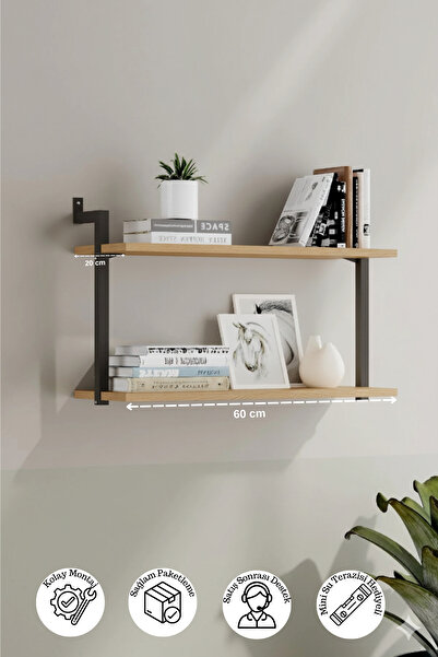 Euromob 60x20 cm Duvara Monte 2 Raflı Kitaplık, Duvar Rafı, Mutfak, Banyo Org...