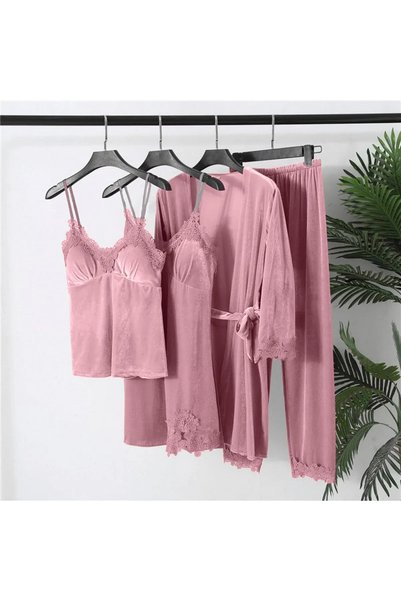 moda4b Kadife Dantelli Dörtlü Gecelik Sabahlık Takımı Pembe 44444