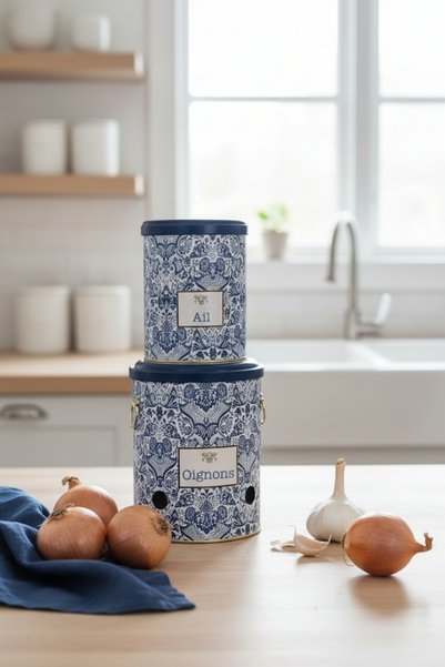 EVLE Metal Soğan ve Sarımsak Saklama Kabı 2’li Set, Metal Sebzelik 5 lt + 2.5 lt, Azulejos