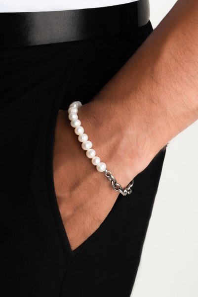 So CHIC... سوار رجالي من الفولاذ مقاس 19 سم مرصع بأحجار اللؤلؤ