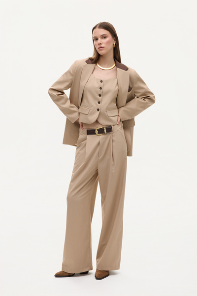 Quzu Belted Pleated High Waist Palazzo Pants Beige