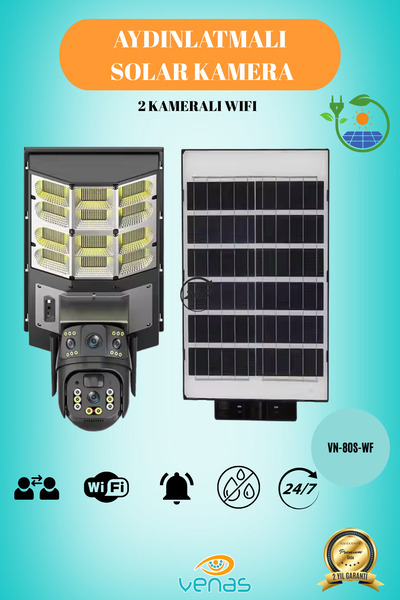 Venas 6MP FullHD Sokak aydınlatmalı 20.000 Mah bataryalı Solar Panelli Hareket sensörlü Projektör kamera