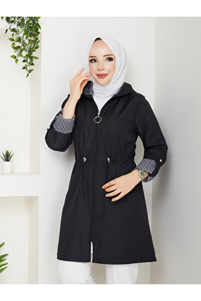 RACE FASHİON Çizgili Bondit Kumaş Beli Lastikli Kapşonlu Su Geçirmez Trençkot RC905010