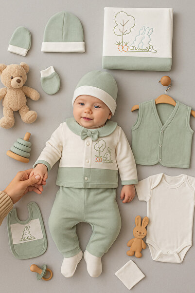 ZEYNUKO Baby Boy Rabbit Waffle 10-Piece Newborn Hospital Exit Zibin Set Boxed