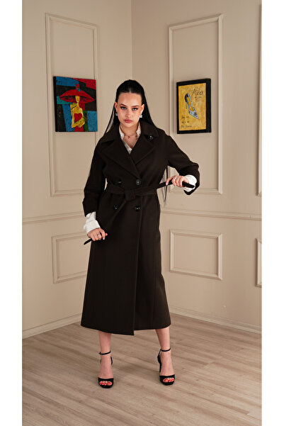 KENT Uzun Slim Fit Kaşe Yeşil Kaban Kuşaklı Çift Yaka Detaylı