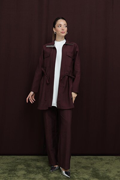 Puane Kadın Patı Taşlı Belden Tünelli Takım - 14381TKS - Bordo