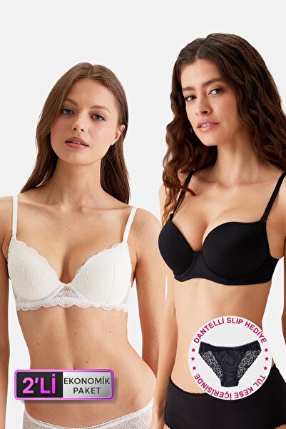 Pierre Cardin 2'li Ekonomik Paket Ekru-siyah 6329-3 Lyon Double Push Up Micro Ve Dantelli Slip Hediyeli Sütyen