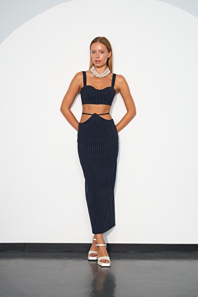 NOK İSTANBUL City Vibes Bel Detaylı Maxi Boy Çizgili Etek Lacivert