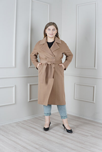 KENT Uzun Büyük Beden Taba Kaban Kuşaklı Slim Fit Geniş Cepli