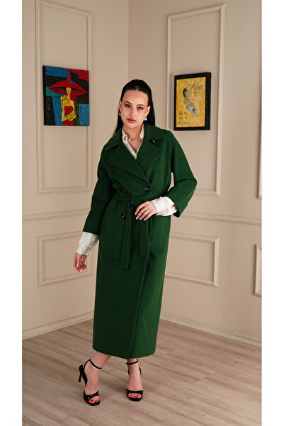 KENT Uzun Slim Fit Kaşe Çimen Yeşili Kaban Kuşaklı Çift Yaka Detaylı