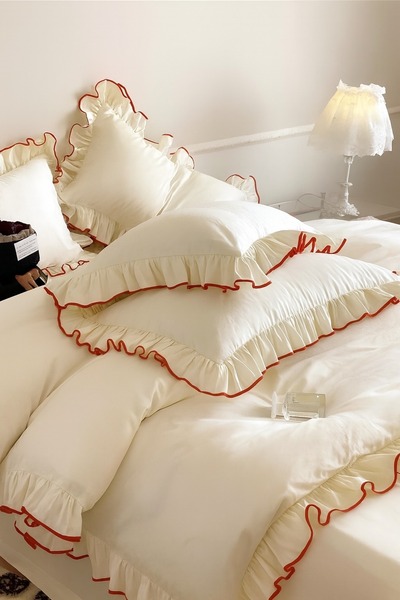 GÖRMEZ TEKSTİL Saf Cotton Double Red Overlock Decorative Stitched Ecru