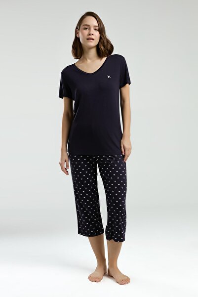 Arnetta 3225 Women's V-Neck Short Sleeve Navy Blue Polka Dot Capri Pajama Set