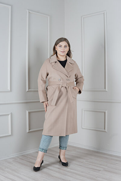 KENT Uzun Büyük Beden Sütlü Kahve Kaban Kuşaklı Slim Fit Geniş Cepli