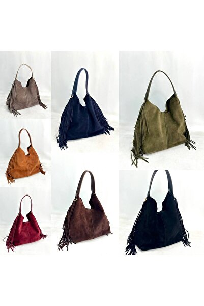 çkn sedat çakan çanta & fular & aksesuar Dámská taška přes rameno z pravé semišové kůže s detaily střapců