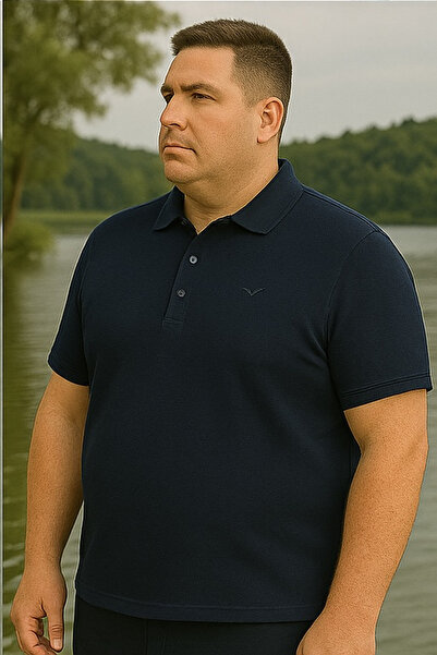 Maccali Men's Large Size Loose Basic Navy Blue Polo Neck T-Shirt