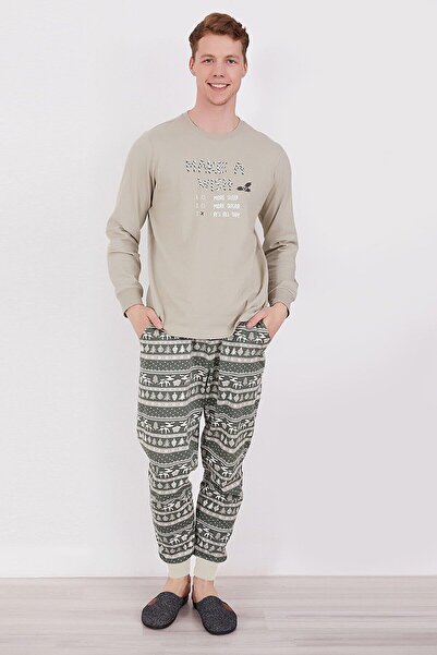 Arnetta 2303 Make A Wish Ανδρικό μακρυμάνικο κοστούμι πιτζάμες ανοιχτό χακί