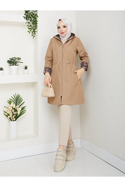 RACE FASHİON Αδιάβροχη καμπαρντίνα με κουκούλα με ελαστική μέση από ύφασμα Bondit με σχέδιο λεοπάρ RC905010