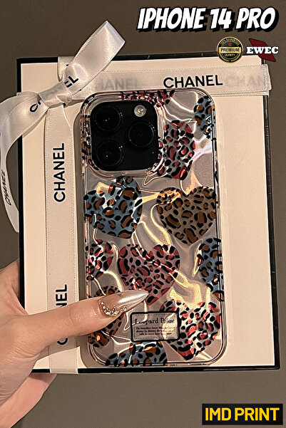 EWEC iPhone 14 Pro Uyumlu Kalpli Leopar Desenli Hologramlı IMD Premium Telefo...