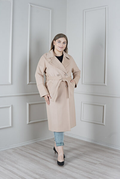 KENT Uzun Büyük Beden Bej Kaban Kuşaklı Slim Fit Geniş Cepli