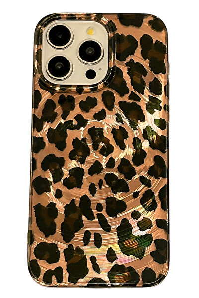 EWEC iPhone 14 Pro Uyumlu Leopar Desenli Gradyan Hologramlı IMD Premium Telefon Kılıfı