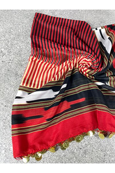 Sobe Hediyelik Karadeniz Yazması Kırmızı Siyah Çizgili Sarı Pullu Başörtüsü – 100x100 cm