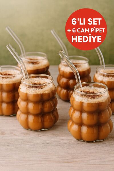Open Home Concept 6 Adet Üzüm Model Borosilikat Kokteyl  Soğuk Sıcak Kahve Meşrubat Bardağı 6 Cam Pipet Hediye 350 ML