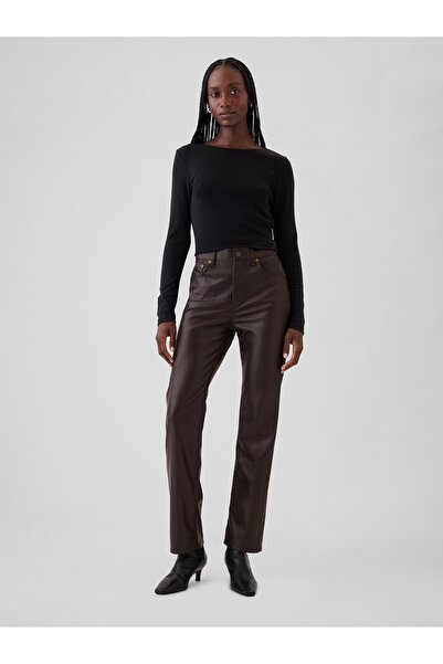 GAP Kadın Kahverengi Geri Dönüştürülmüş High Rise Suni Vegan Deri '90s Straig...