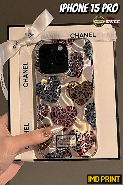 EWEC iPhone 15 Pro Uyumlu Kalpli Leopar Desenli Hologramlı IMD Premium Telefo...