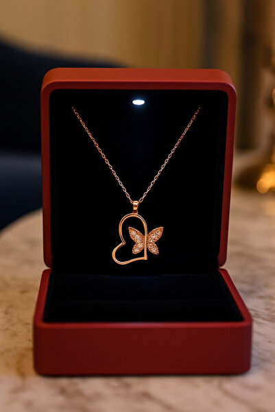 KAR DİAMOND 14 Ayar Altın Zincirli Rose Kaplama Zirkon Taşlı Kalpli Kelebek K...