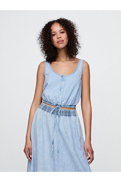 GAP Kadın Mavi Denim Büzgülü Crop Bluz