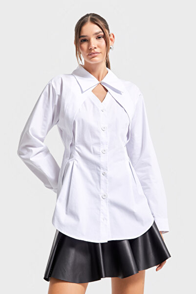 its basic Cămașă cu design special oversize cu detaliu de rever de culoare albă pentru femei