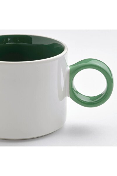 IKEA QUİCK 2 Adet Çay Fincanı Yükseklik 7 Cm 2'li Set Kulplu Kupa Beyaz-Yeşil Bardak Hacim 300 ml