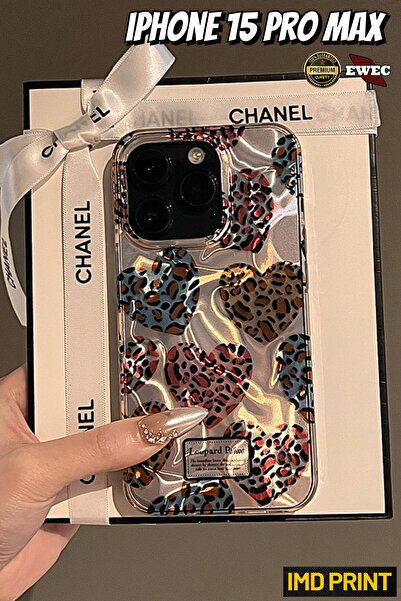 EWEC iPhone 15 Pro Max Uyumlu Kalpli Leopar Desenli Hologramlı IMD Premium Te...